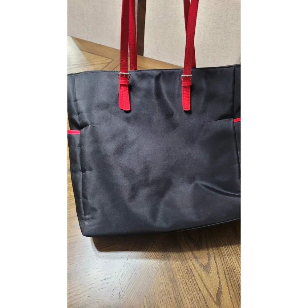 Escada Black with Red Trim Tote Bag Embroidered Logo Shoulder Shopper Purse